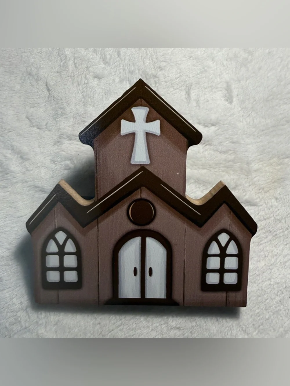 Hand-Painted Wooden Church Wall Hanging in Brown & White